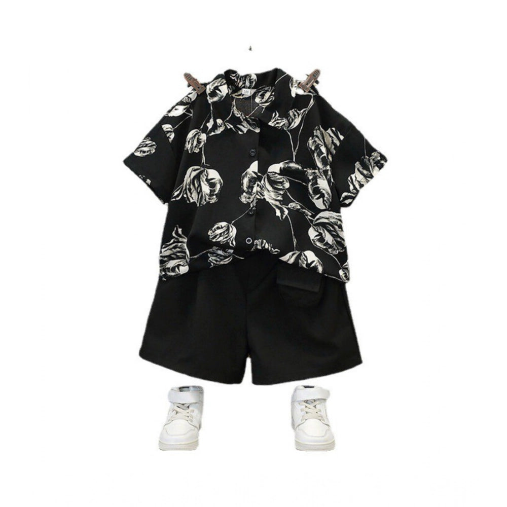 Generic Kid's Lycra Printed Casual wear Shirt And Shorts Set (Black)