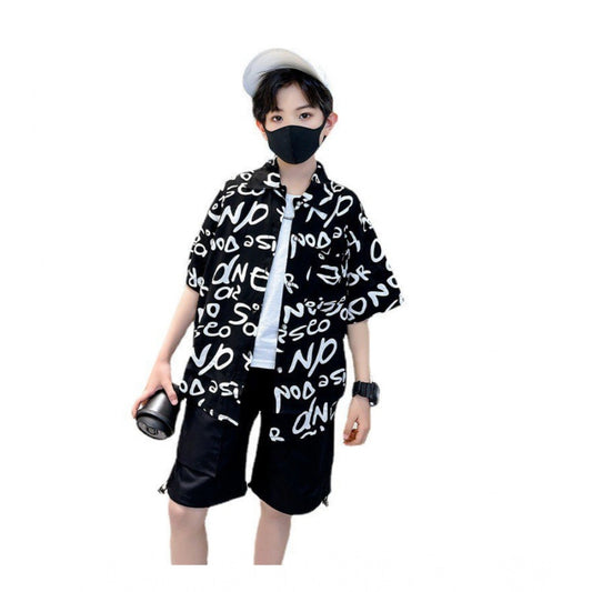 Generic Kid's Lycra Printed Casual wear Shirt And Shorts Set (Black)