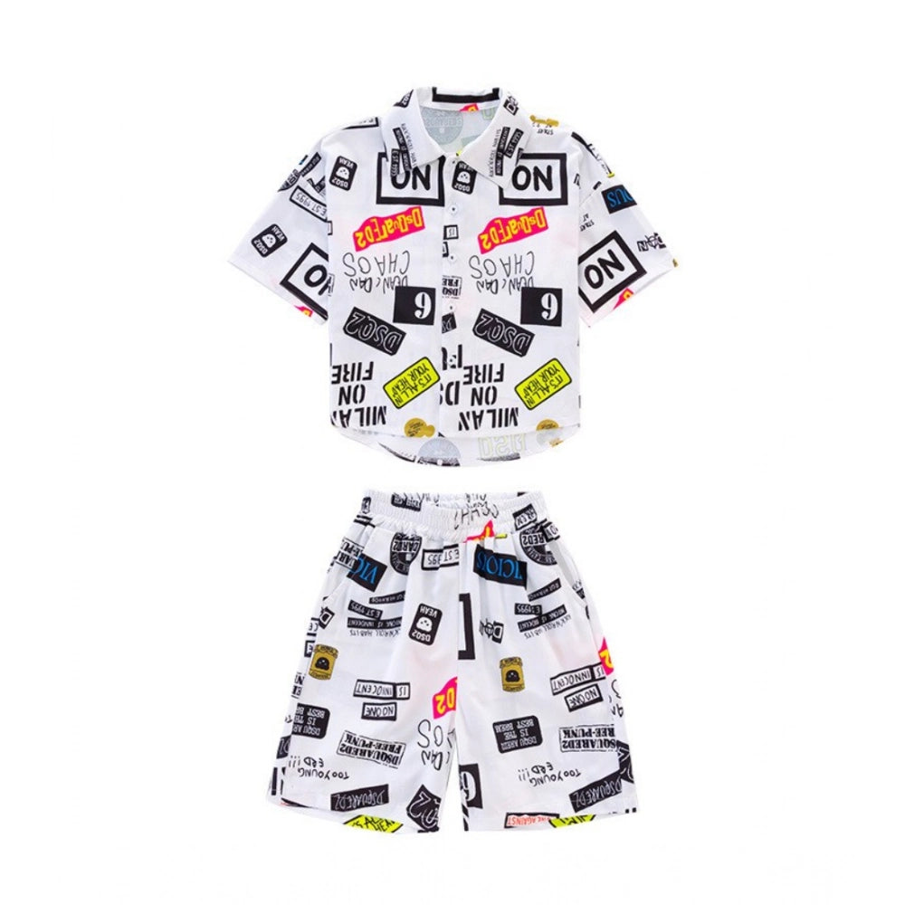 Generic Kid's Lycra Printed Casual wear Shirt And Shorts Set (White)