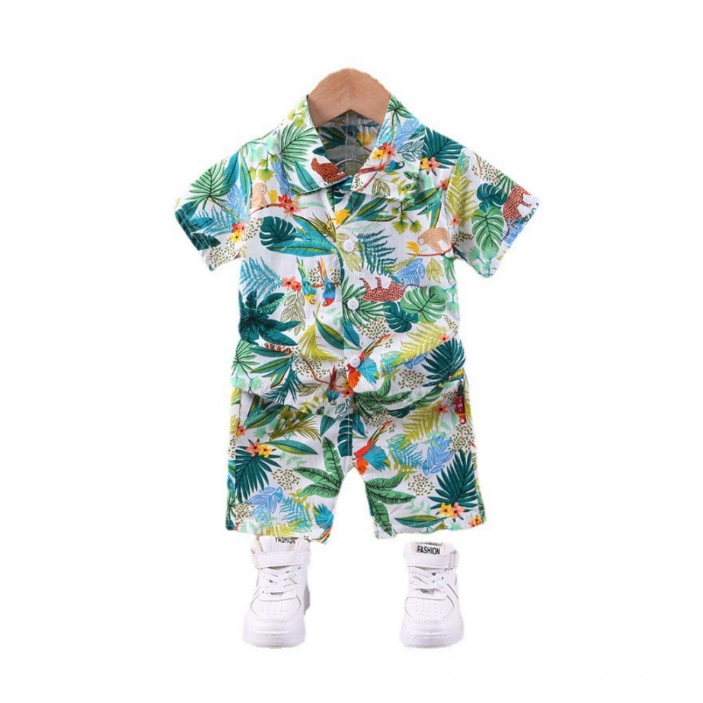 Generic Kid's Lycra Printed Casual wear Shirt And Shorts Set (Green)