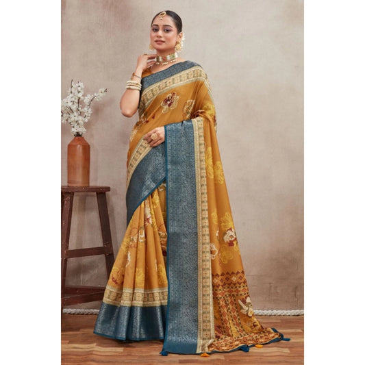 Generic Women's Crepe Silk Printed Saree With Unstitched Blouse 5.5Mtr (Mustard)
