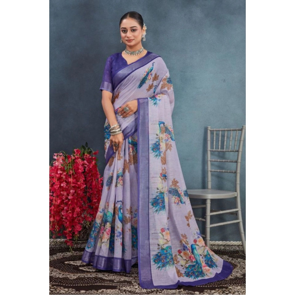 Generic Women's Linen Floral Printed Saree With Unstitched Blouse 5.5Mtr (Purple)