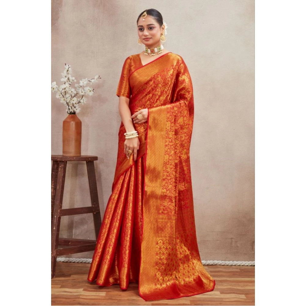 Generic Women's Silk Blend Floral Printed Saree With Unstitched Blouse 5.5Mtr (Red)