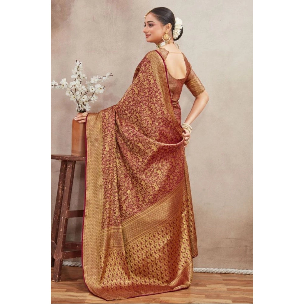 Generic Women's Silk Blend Floral Printed Saree With Unstitched Blouse 5.5Mtr (Brown)