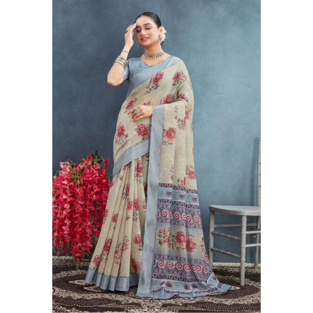 Generic Women's Linen Floral Printed Saree With Unstitched Blouse 5.5Mtr (Beige)