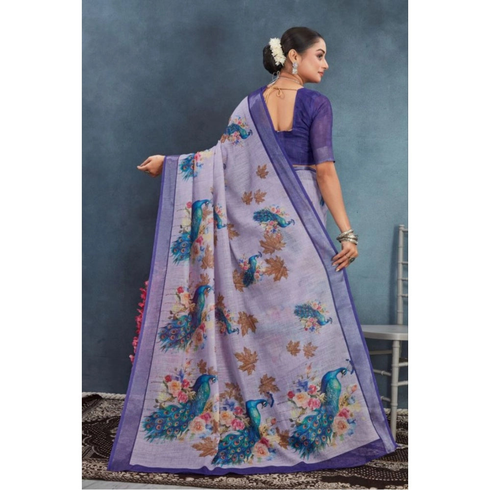Generic Women's Linen Floral Printed Saree With Unstitched Blouse 5.5Mtr (Purple)