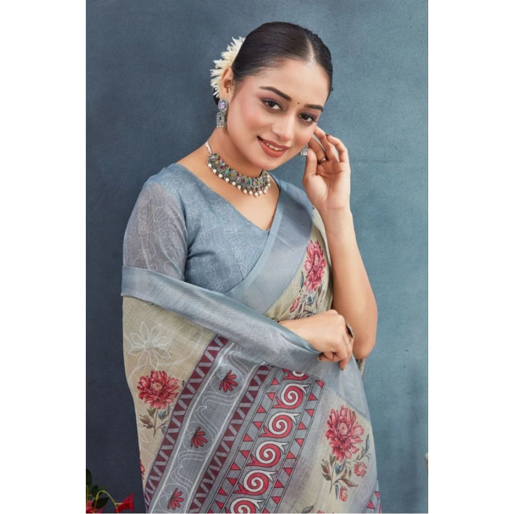 Generic Women's Linen Floral Printed Saree With Unstitched Blouse 5.5Mtr (Beige)