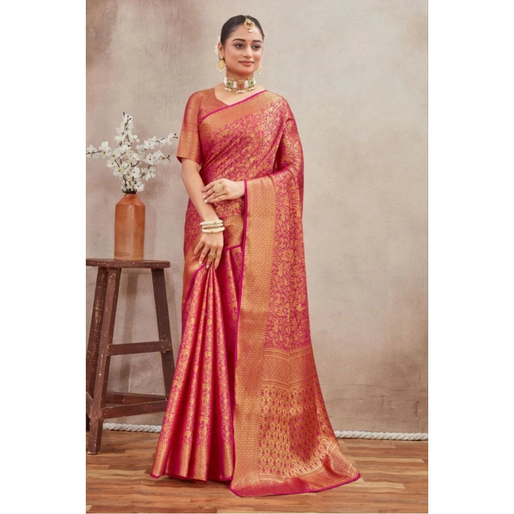 Generic Women's Silk Blend Floral Printed Saree With Unstitched Blouse 5.5Mtr (Pink)