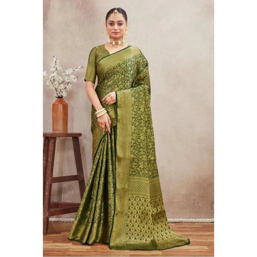 Generic Women's Silk Blend Floral Printed Saree With Unstitched Blouse 5.5Mtr (Green)