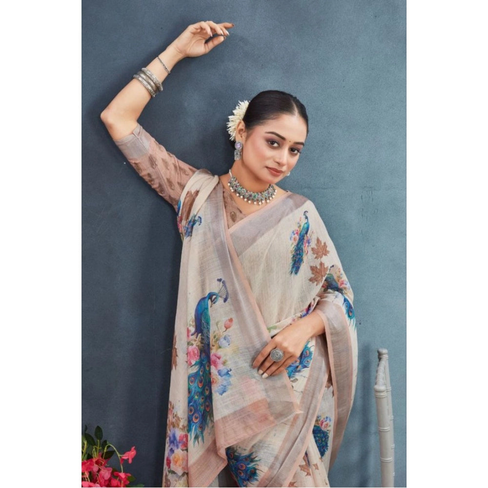 Generic Women's Linen Floral Printed Saree With Unstitched Blouse 5.5Mtr (Beige)