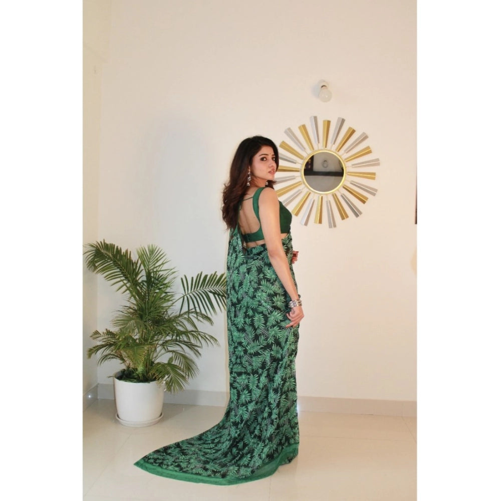 Generic Women's Georgette Printed Saree With Unstitched Blouse 5.5Mtr (Dark Green )