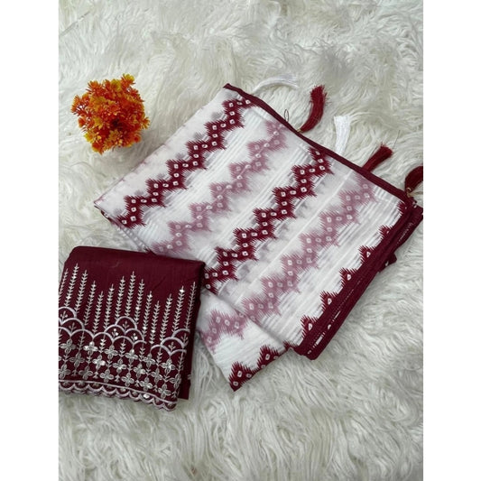 Generic Women's Chiffon Printed Saree With Unstitched Blouse 5.5Mtr (Maroon)