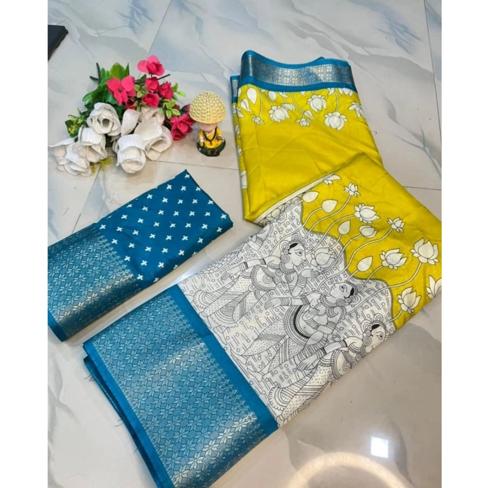 Generic Women's Dola Silk Printed Saree With Unstitched Blouse 5.5Mtr (Yellow )