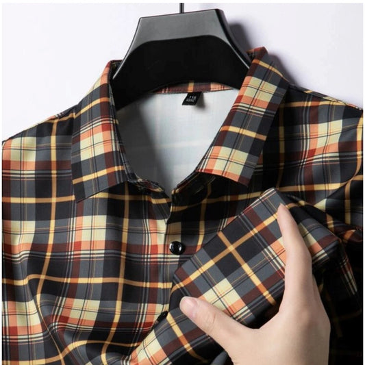 Generic Men's Casual Cotton Checked 3-4th Sleeve Collar Shirt (Orange)
