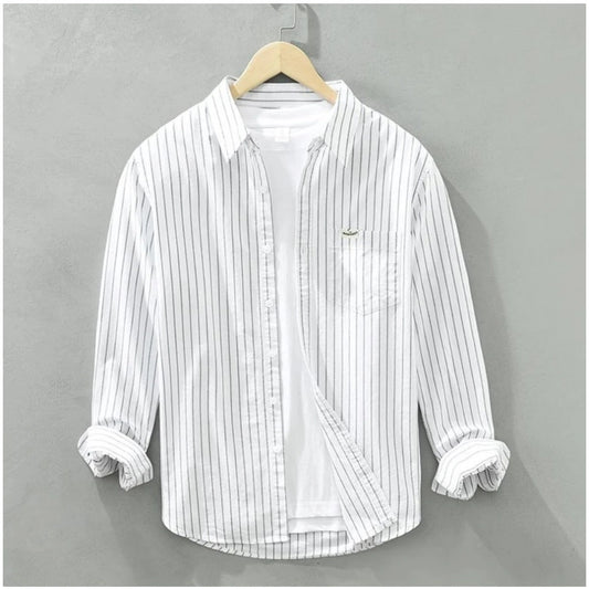 Generic Men's Casual Cotton Striped Full Sleeve Collar Shirt (White)