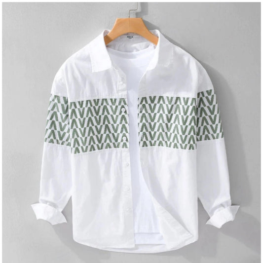 Generic Men's Casual Cotton Printed Full Sleeve Collar Shirt (White)