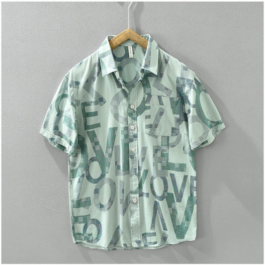 Generic Men's Casual Cotton Printed 3-4th Sleeve Collar Shirt (Green)