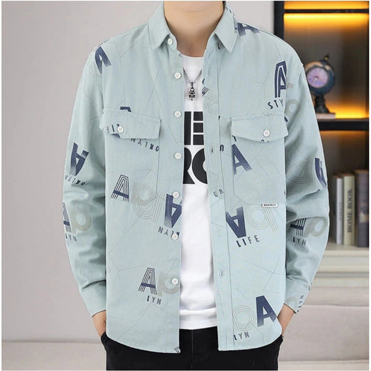 Generic Men's Casual Cotton Printed Full Sleeve Collar Shirt (Grey)