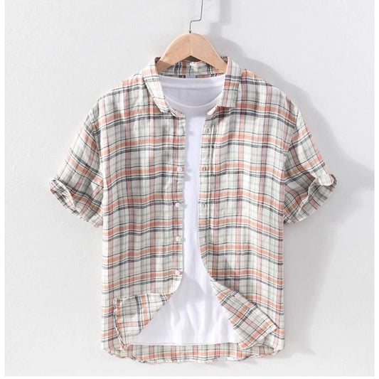 Generic Men's Casual Cotton Checked 3-4th Sleeve Collar Shirt (Orange)