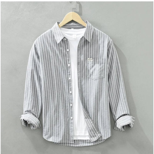 Generic Men's Casual Cotton Striped Full Sleeve Collar Shirt (Grey)