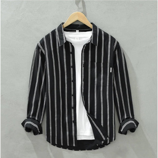 Generic Men's Casual Cotton Striped Full Sleeve Collar Shirt (Black)
