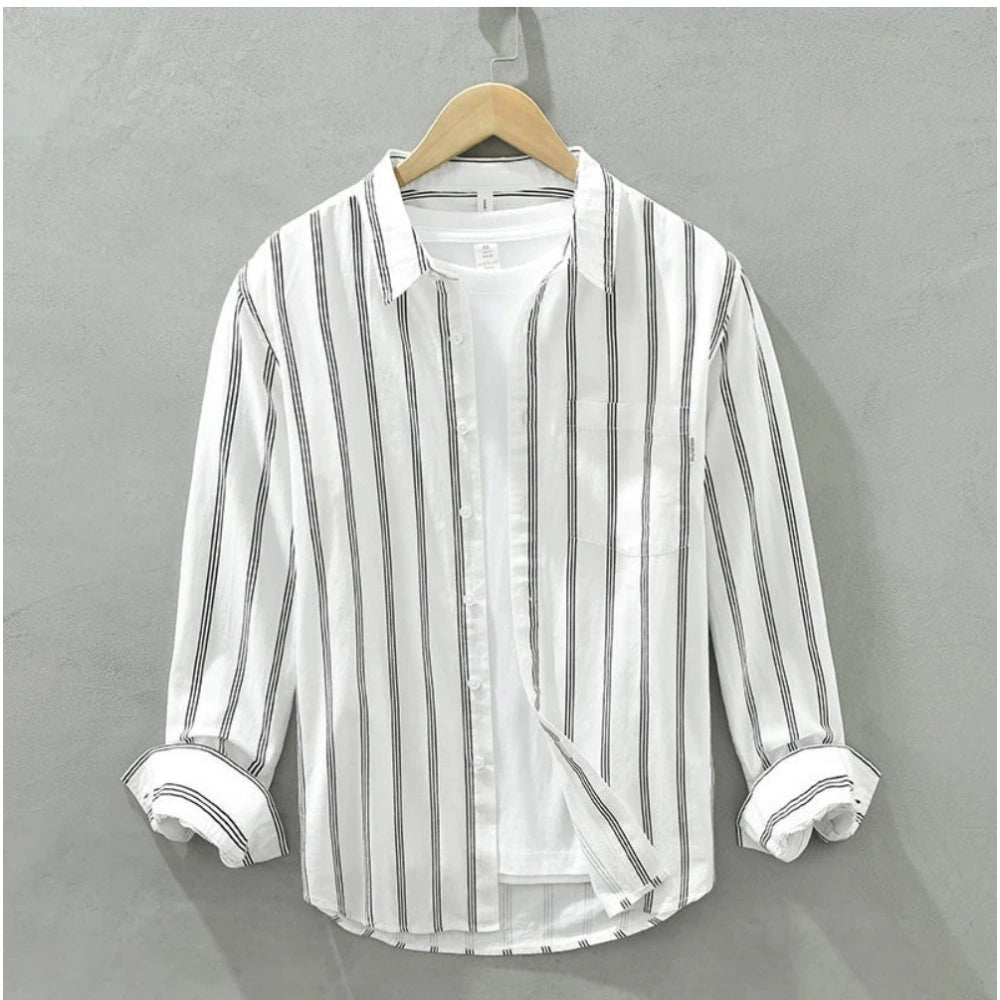 Generic Men's Casual Cotton Striped Full Sleeve Collar Shirt (White)