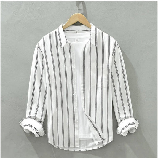 Generic Men's Casual Cotton Striped Full Sleeve Collar Shirt (White)