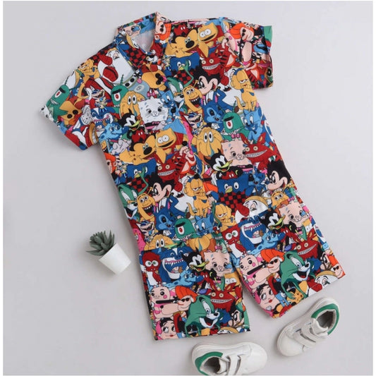 Generic Boy's Lycra Blend Printed Short Sleeve Shirt and Shorts Set (MultiColor)
