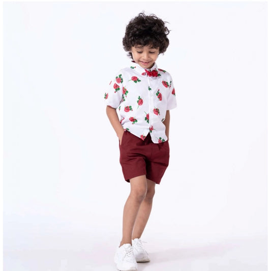 Generic Boy's Cotton Blend Printed Short Sleeve Shirt and Shorts Set (White)