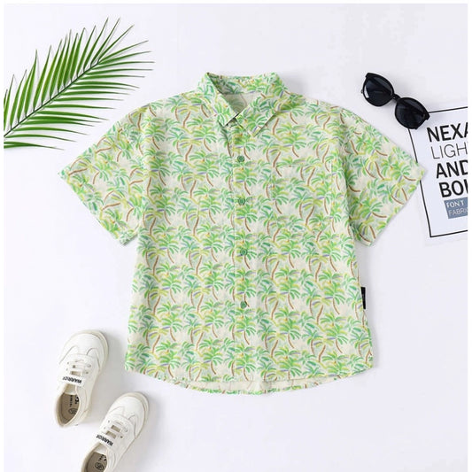 Generic Boy's Cotton Blend Printed Short  Sleeve Shirt (Green)