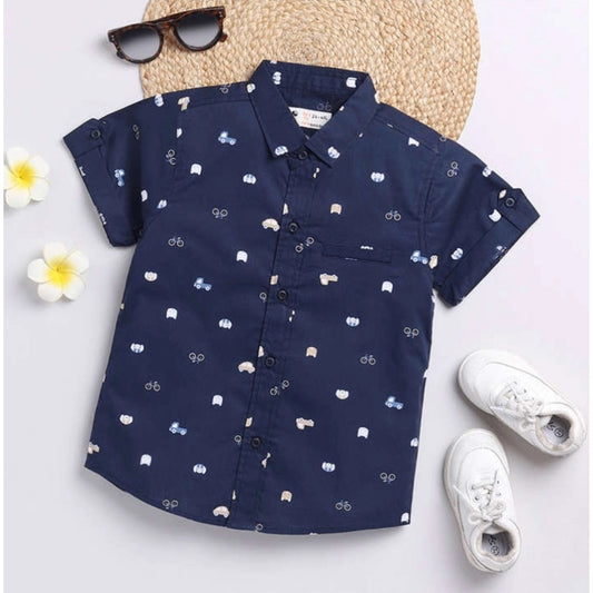 Generic Boy's Cotton Blend Printed Short Sleeve Shirt (Navy Blue)