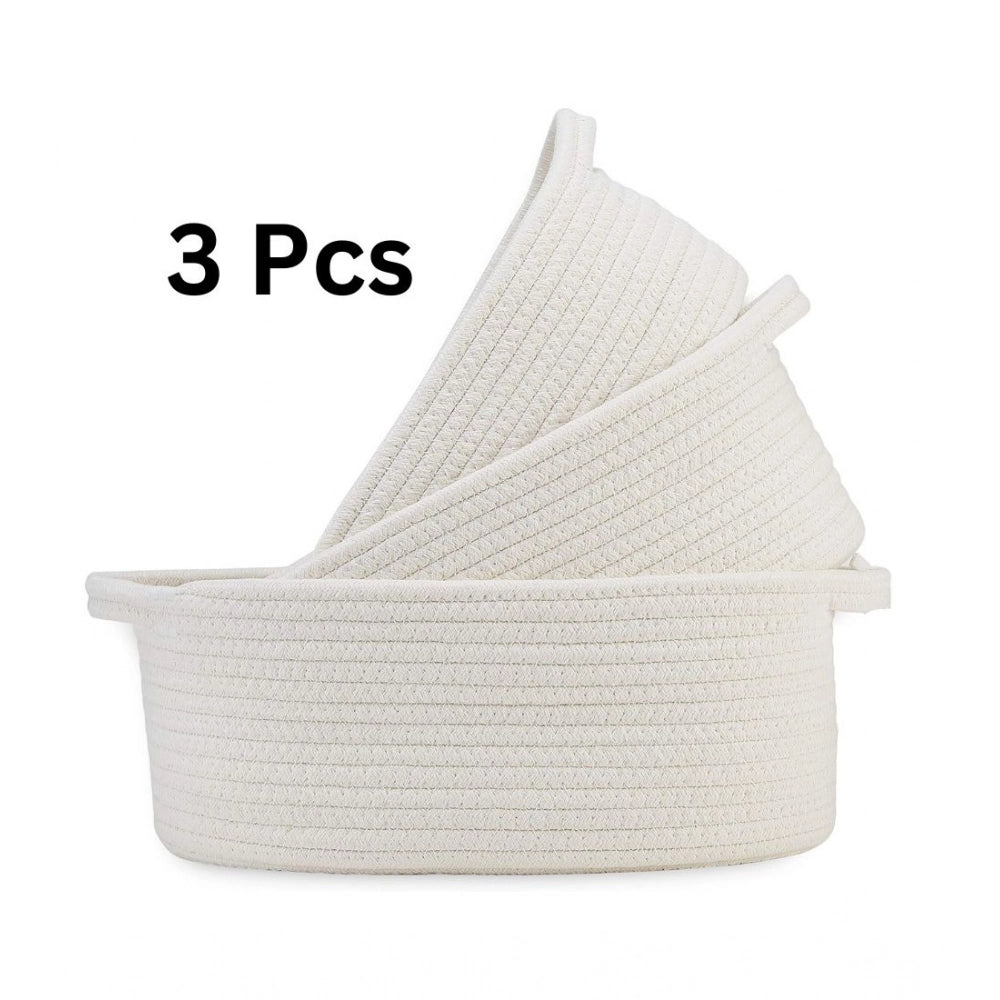 Generic Cotton Oval Basket Pack of 3 Storage Basket For Clothes (White)